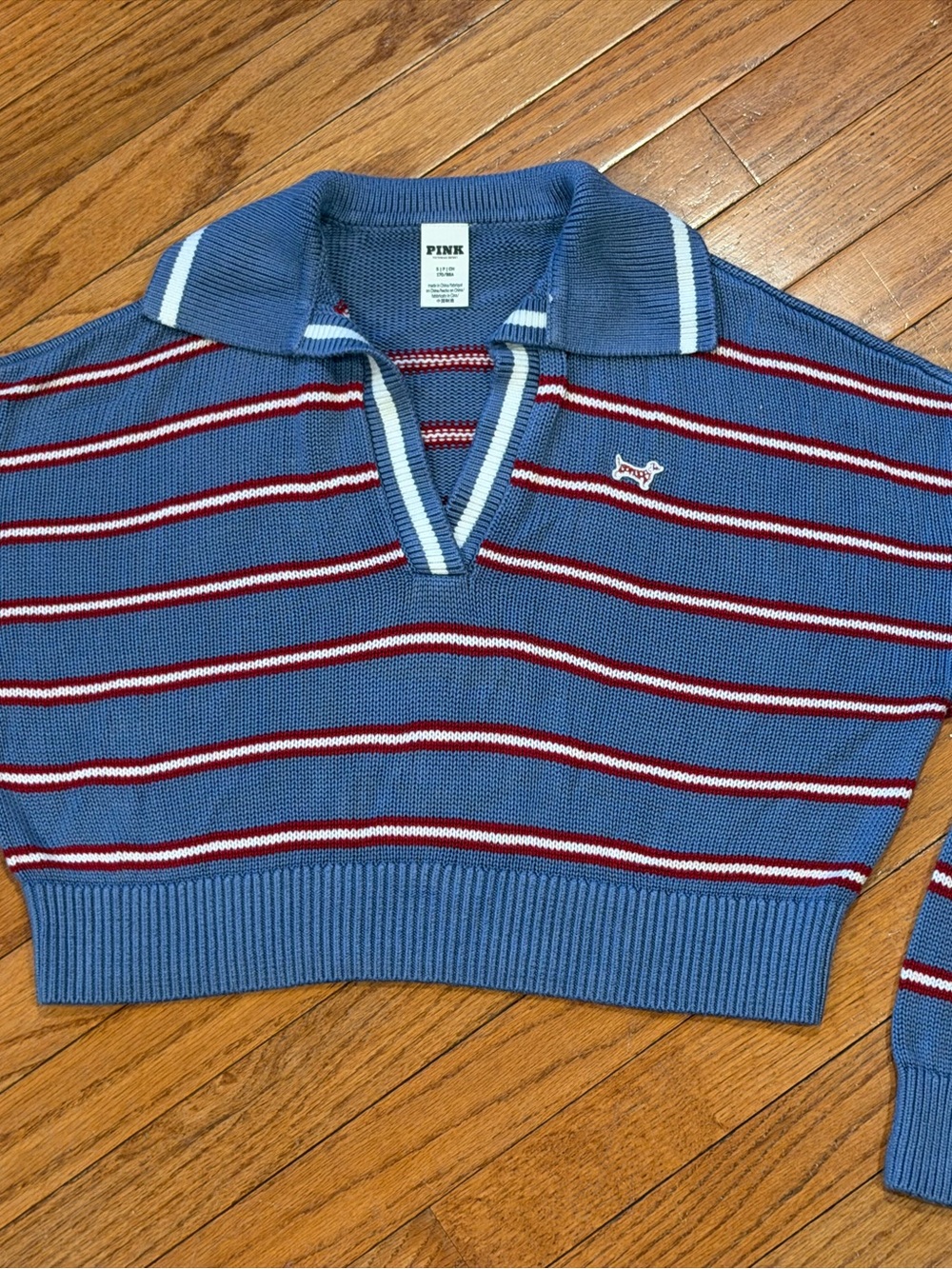 PINK Victoria’s Secret Blue Striped Rugby Collar Cropped Knit Sweater Size S